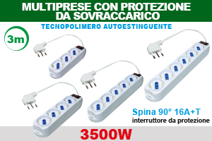 MULTIPRESA SCHUKO/BIPASSO - SP.16A 90° + INTER. con Protezione da Sovraccarico, 3500W, Cavo 3m