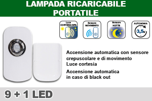 LAMPADA RICARICABILE 9+1 LED, CON SENSORE, FUNZIONE EMERGENZA + Torcia, CON BASE DI RICARICA