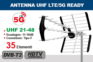ANTENNA UHF LTE/5G Ready PER DVB-T2 PREMONTATA 21-48CH, 11-16dB, 35 ELEMENTI