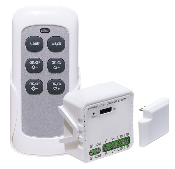 KIT Controller Dimmer 1CH 8A 96W@12V / 192W@24V + Ricevitore + Radiocomando, SmartLIFE Android/iOS Wireless2,4GHz con Tasto Cablato