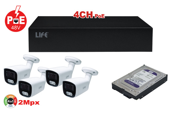 KIT NVR 4 POE 9CH 8Mpx+4 Telec. 2MPX 3.6mm+HDD S-ATA 1T WD